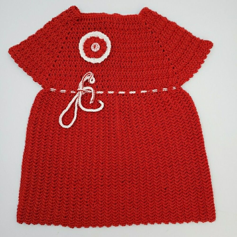3-6 Months Baby Girl Dress Red White Crochet Knit Short Sleeve Summer Patriotic